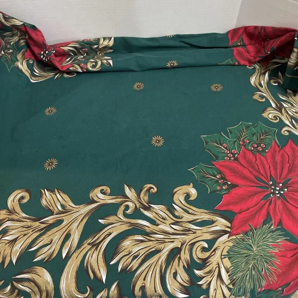 60x82 Vintage Christmas Tableclith Red Poinsettia Green Gold Scroll Work Brazil